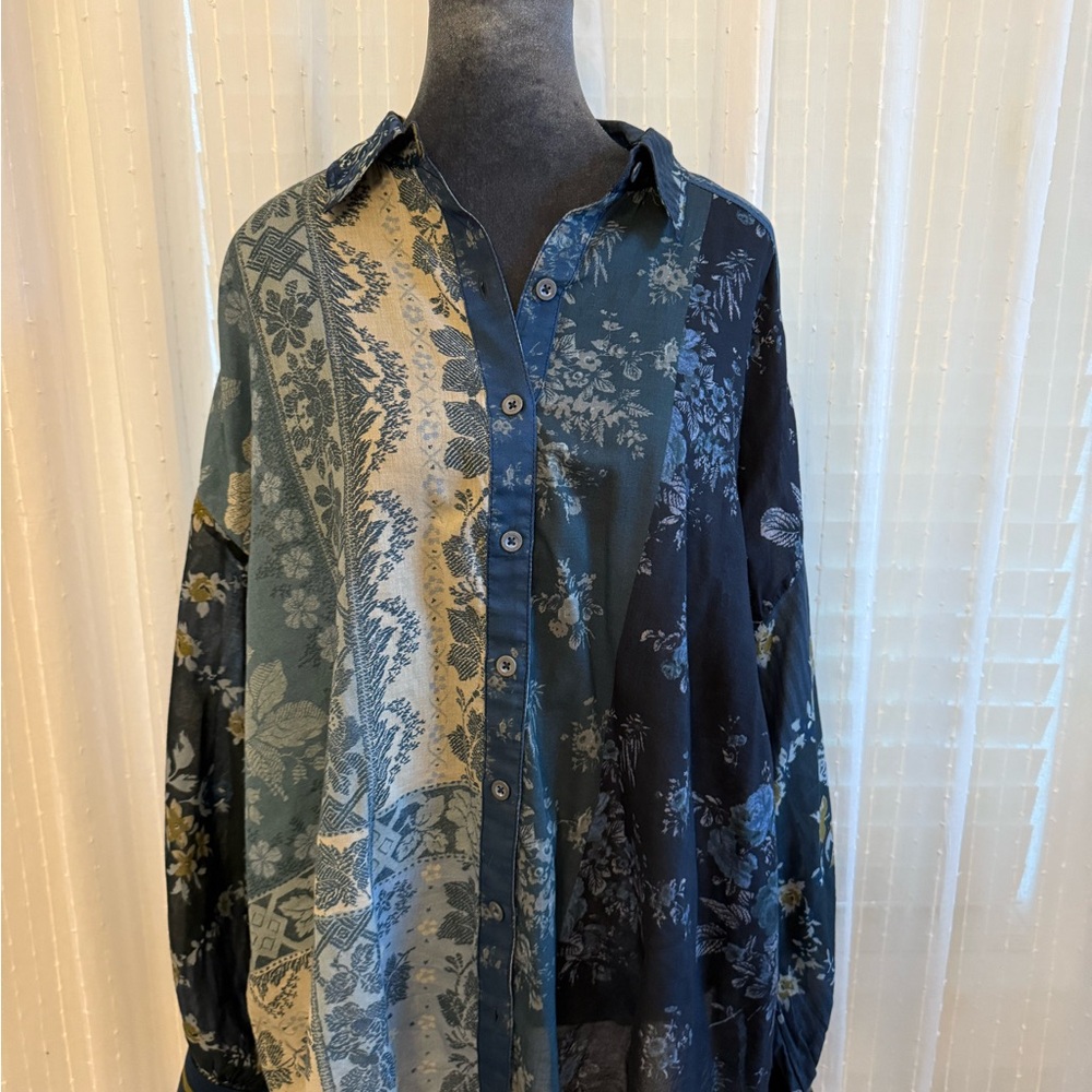 Free People Boho Blue Floral Oversized Shirt